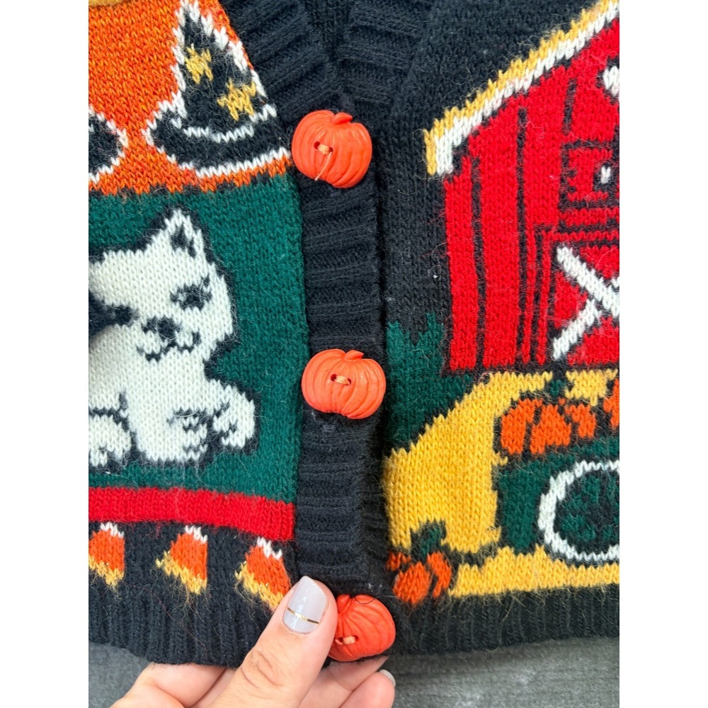 Vintage 80s Heartworks Halloween Cardigan Kids 5/6 Black Pumpkin Buttons Novelty - Picture 7 of 10